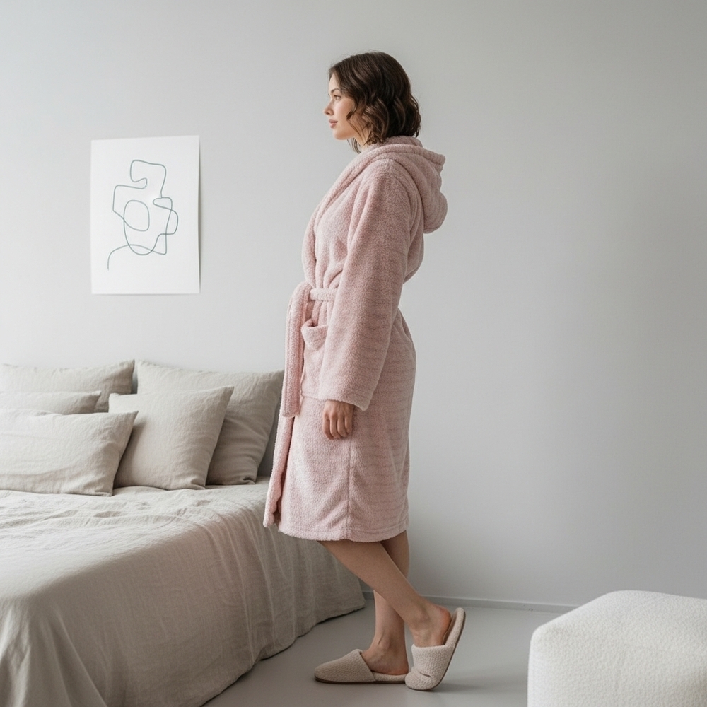 Cozy Pink Fleece Robe with Shawl Collar and Tie Belt